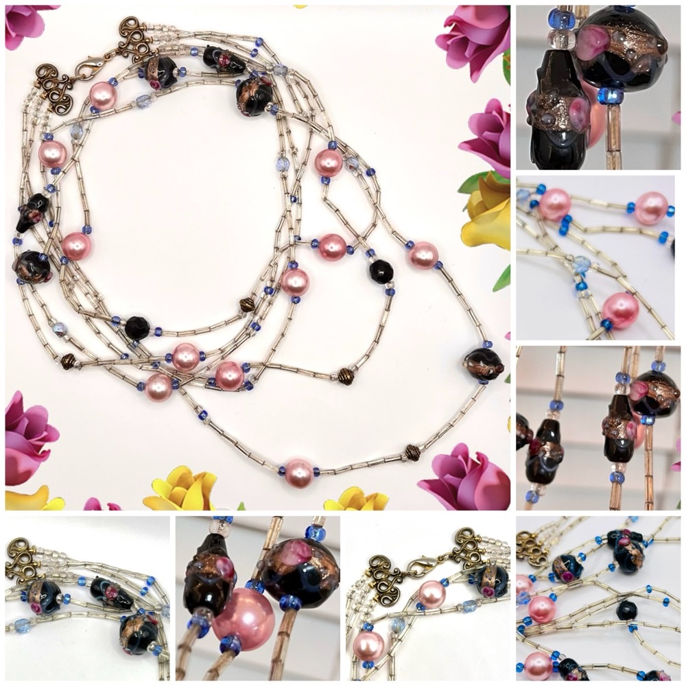 Vintage 3-strand Wedding Cake Beaded Necklace with Bugle Beads & Pink Pearls - Picture 14 of 15